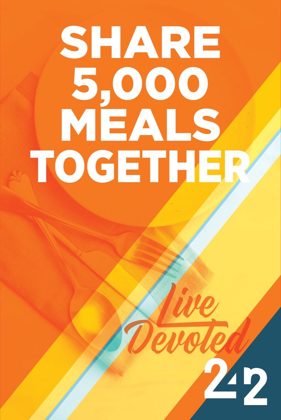 Share 5,000 Meals Together poster: a place setting flooded orange, crossed by a yellow and pale blue band.
