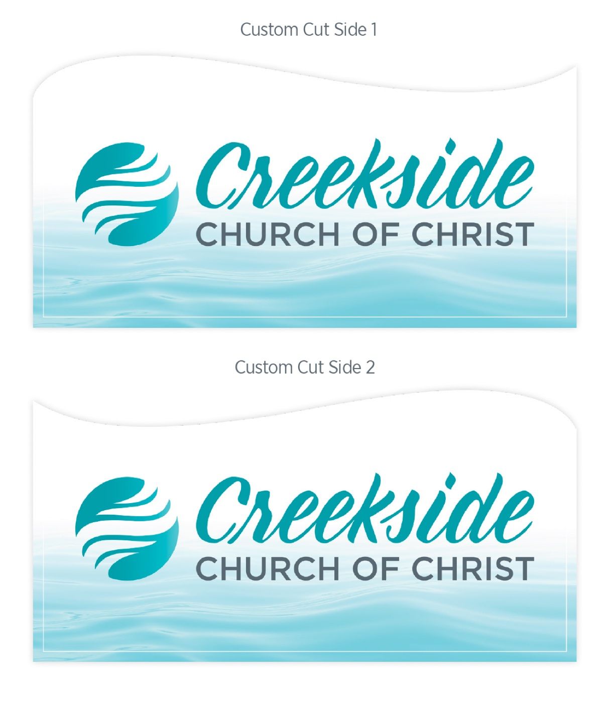 Two wave-cut exterior sign faces carrying the Creekside logo over rippling water.