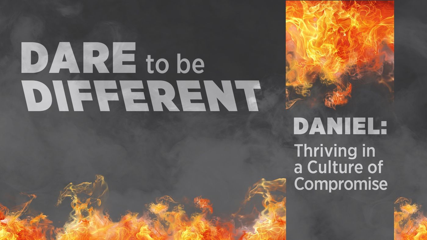 Dare to Be Different: smoke and flame behind heavy condensed lettering.