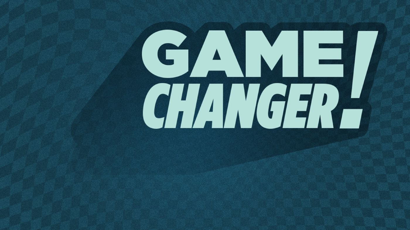 Game Changer!: pale mint italic lettering with a long shadow on a checkered teal ground.