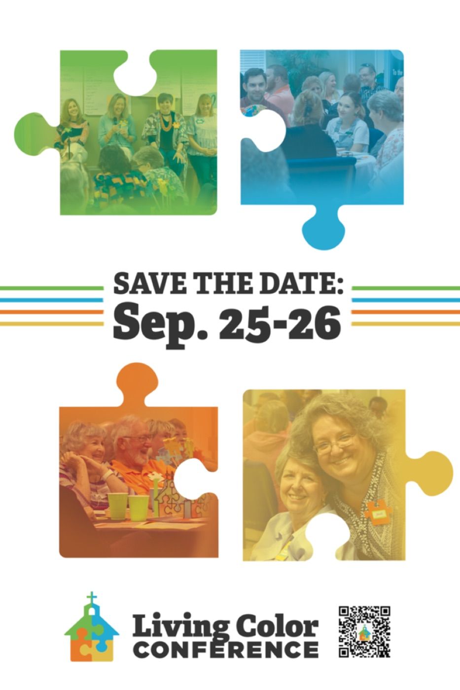 Living Color Conference save-the-date poster: four photographs cropped into interlocking puzzle pieces in green, blue, orange and gold.