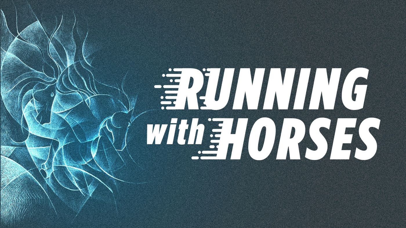 Running with Horses series art: a horse rendered in fine cyan linework against a dark slate field.
