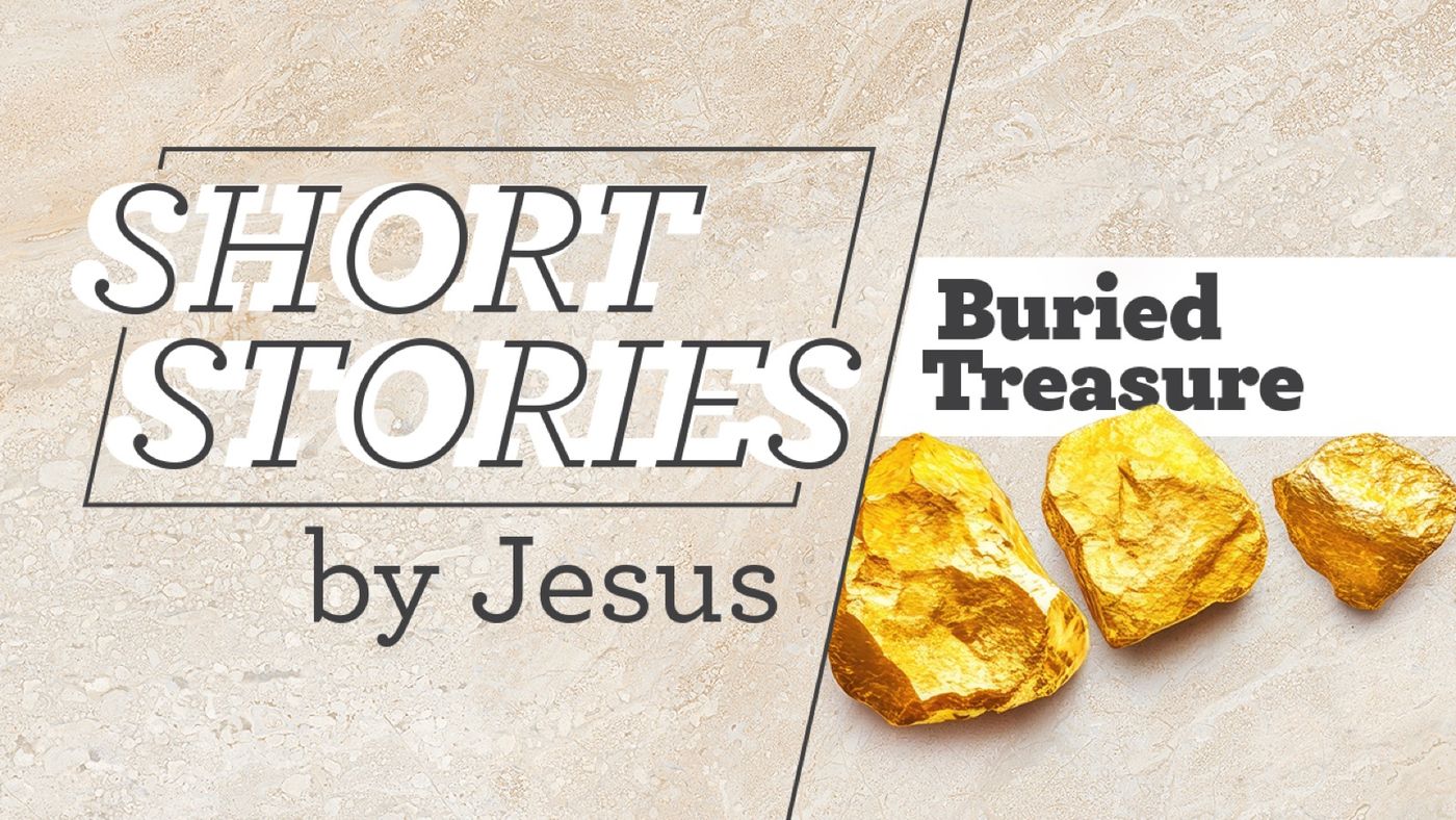 Short Stories by Jesus: outlined display serif on limestone with gold nuggets at right.