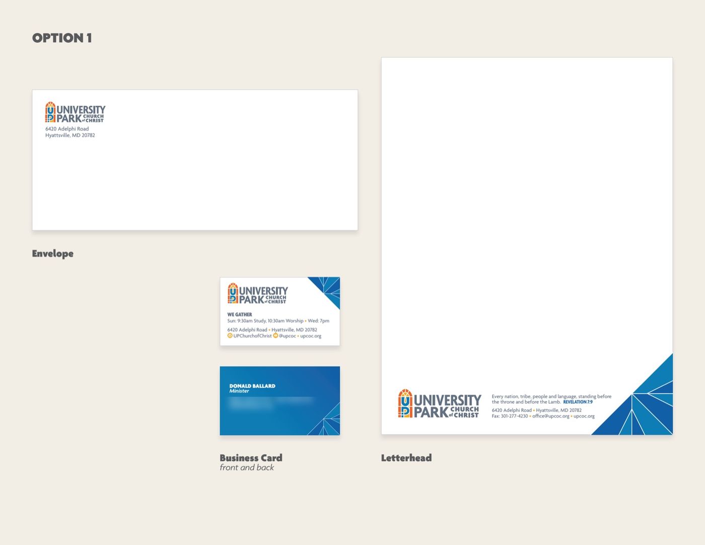 Stationery mockup: envelope, letterhead and two-sided business card carrying the stained-glass arch.