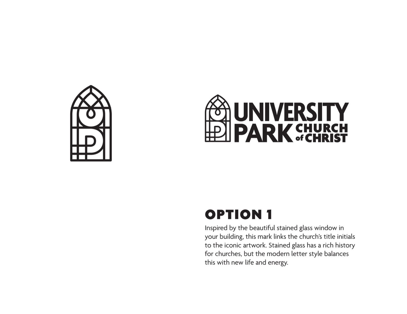 Logo exploration sheet: a line-drawn stained-glass arch containing the letters U and P, with rationale beneath.