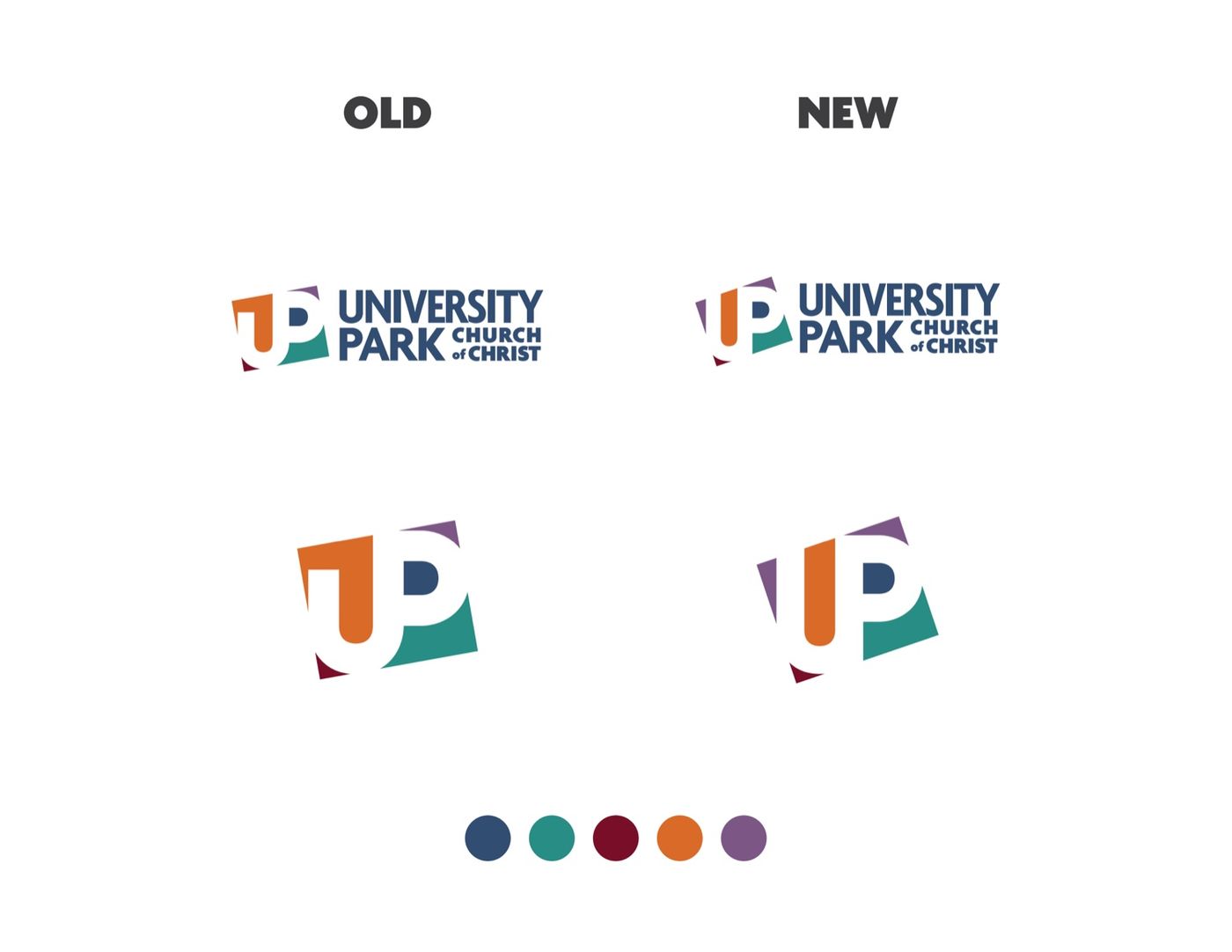 Old and new logos side by side: the previous angular UP mark beside the redrawn version, above the palette.